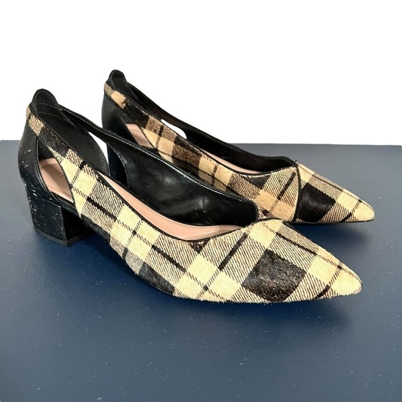 Preston & York Tabitha Black and Tan Plaid Calf Hair Pointed Toe Pumps Size 8 - Picture 1 of 16